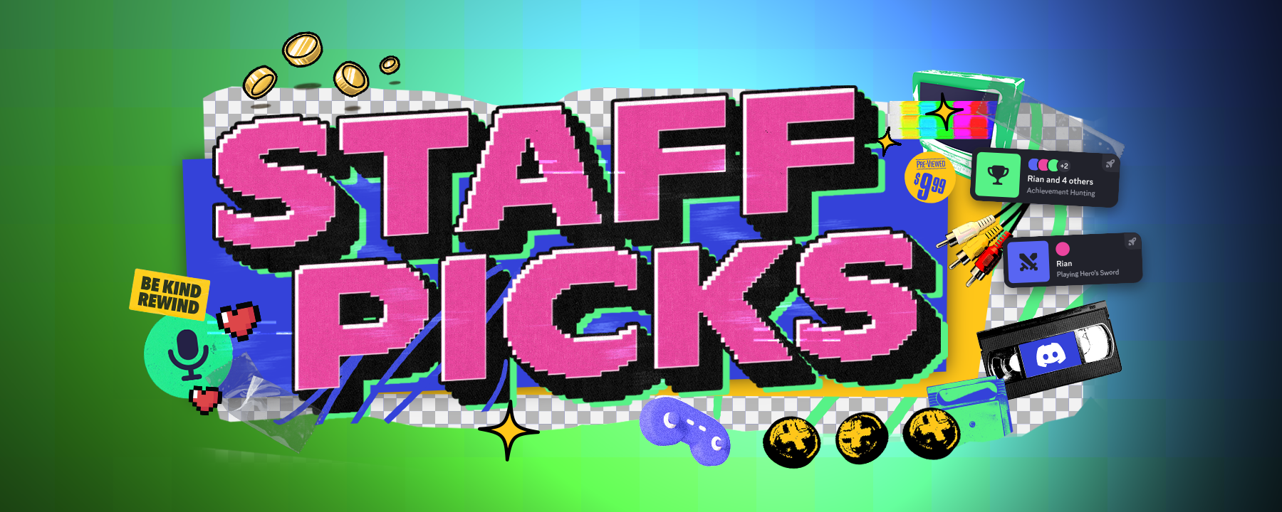 A stylized header that says “Staff Picks.” Icons and imagery of gamepads, microphone icons, VHS tapes, and in-app Activity statuses. 