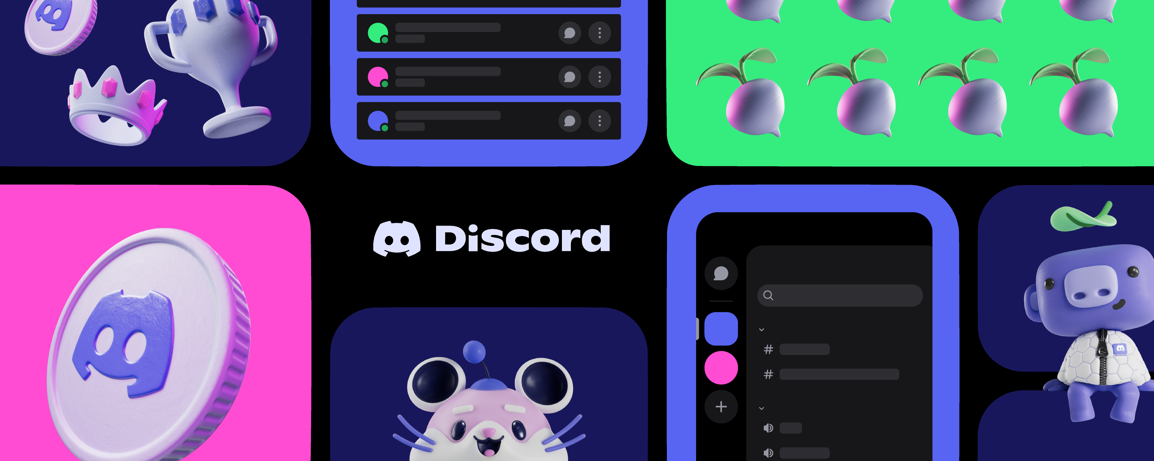 Example Discord screenshots alongside Discord-related artwork.