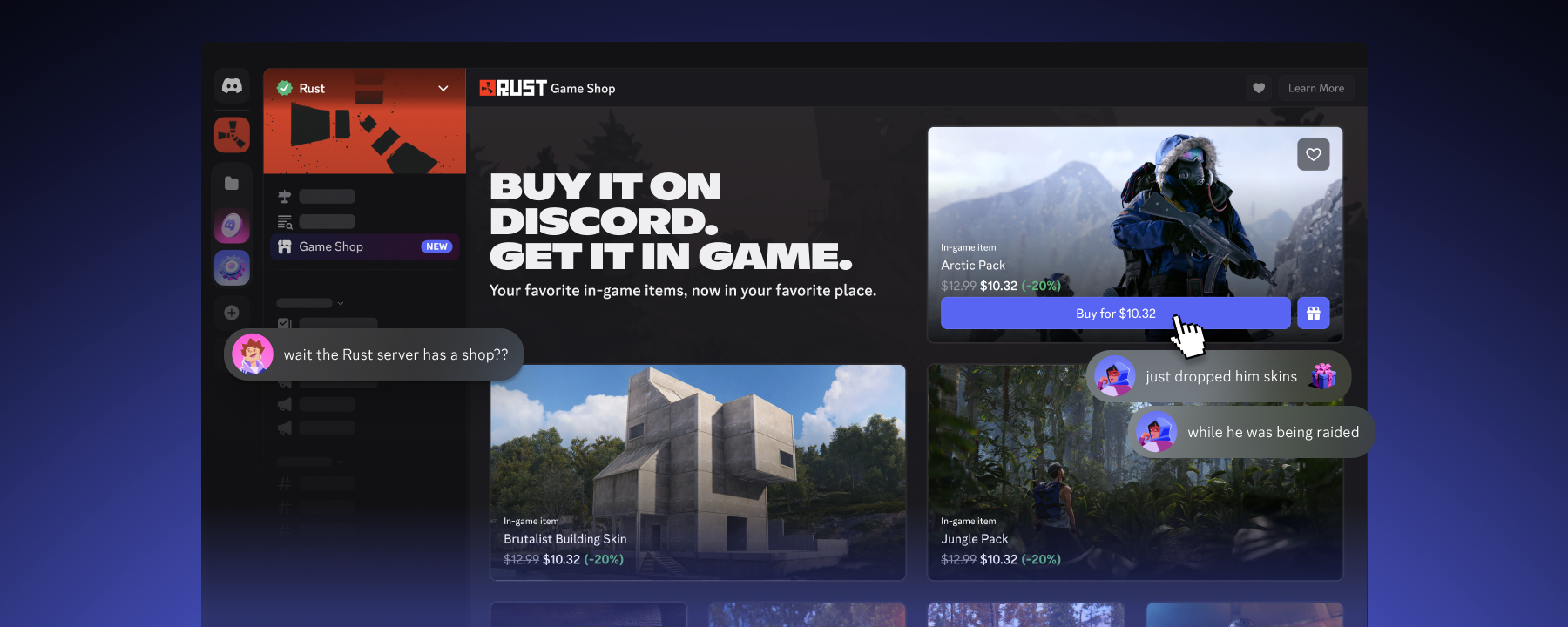 The Rust Shop in the official Rust server. A conversation is shown of a friend gifting a Rust item to another player over Discord. 