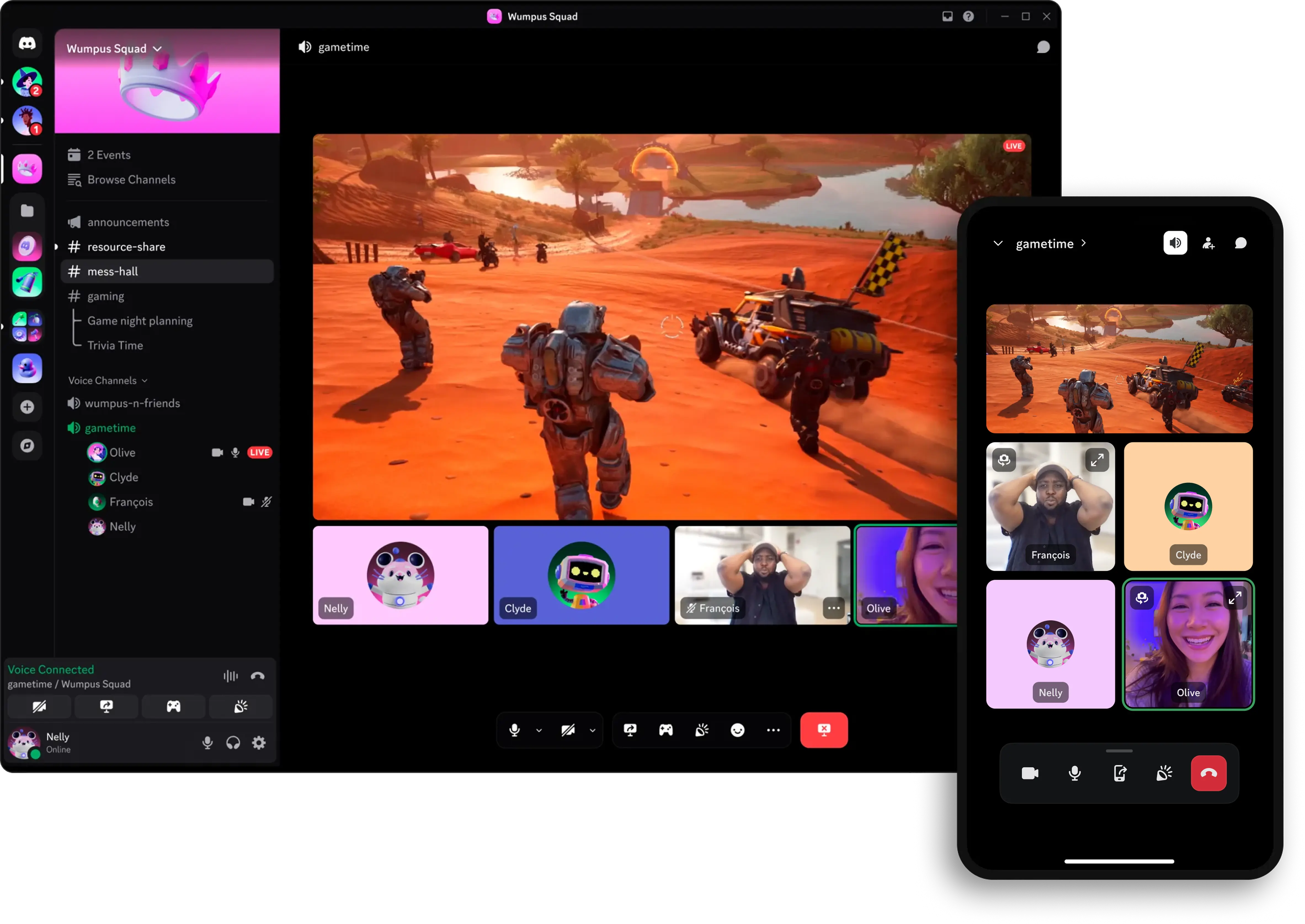 Screenshot of Discord on Desktop and mobile, showing friends playing a game together while staying connected through voice and video chat. A player is streaming their game to their friends, with the players' characters running across a desert landscape. The video feeds show them laughing and chatting - capturing that feeling of hanging out in the same room even when playing online.