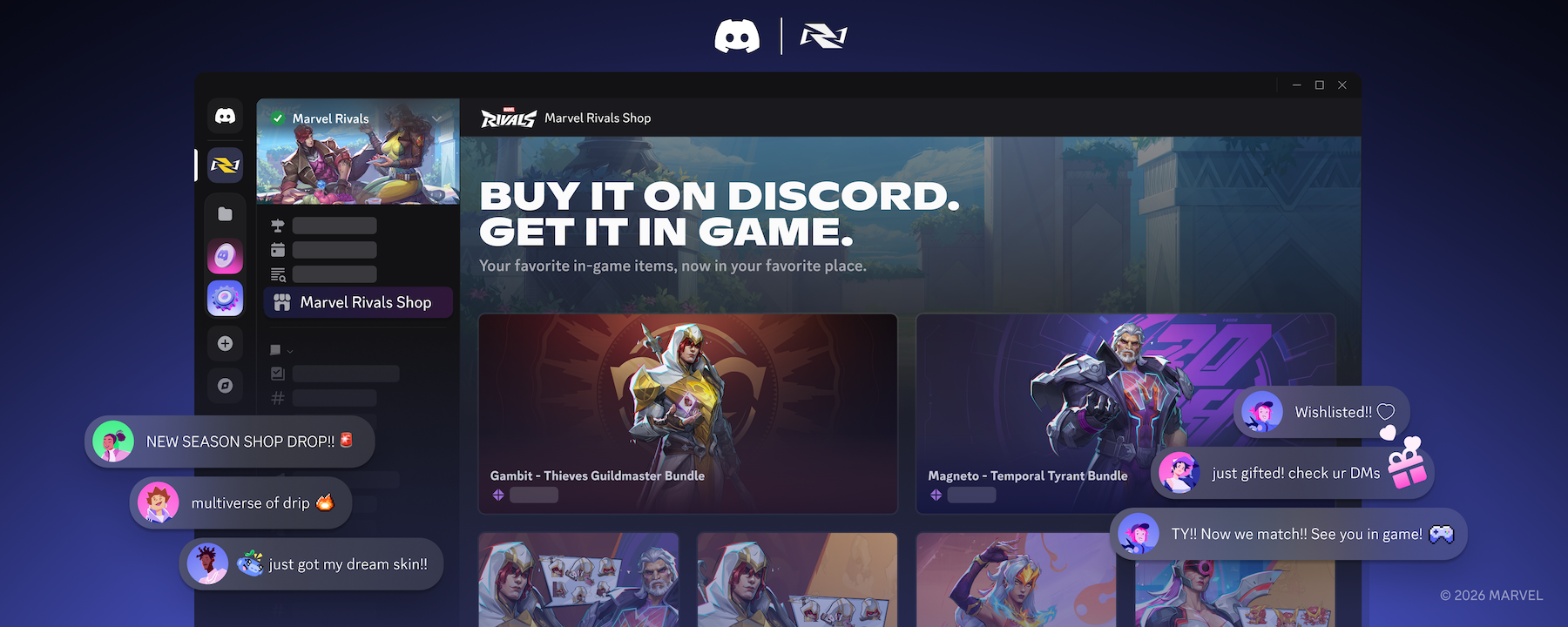 A preview of the Marvel Rivals Shop inside their official Discord server. 