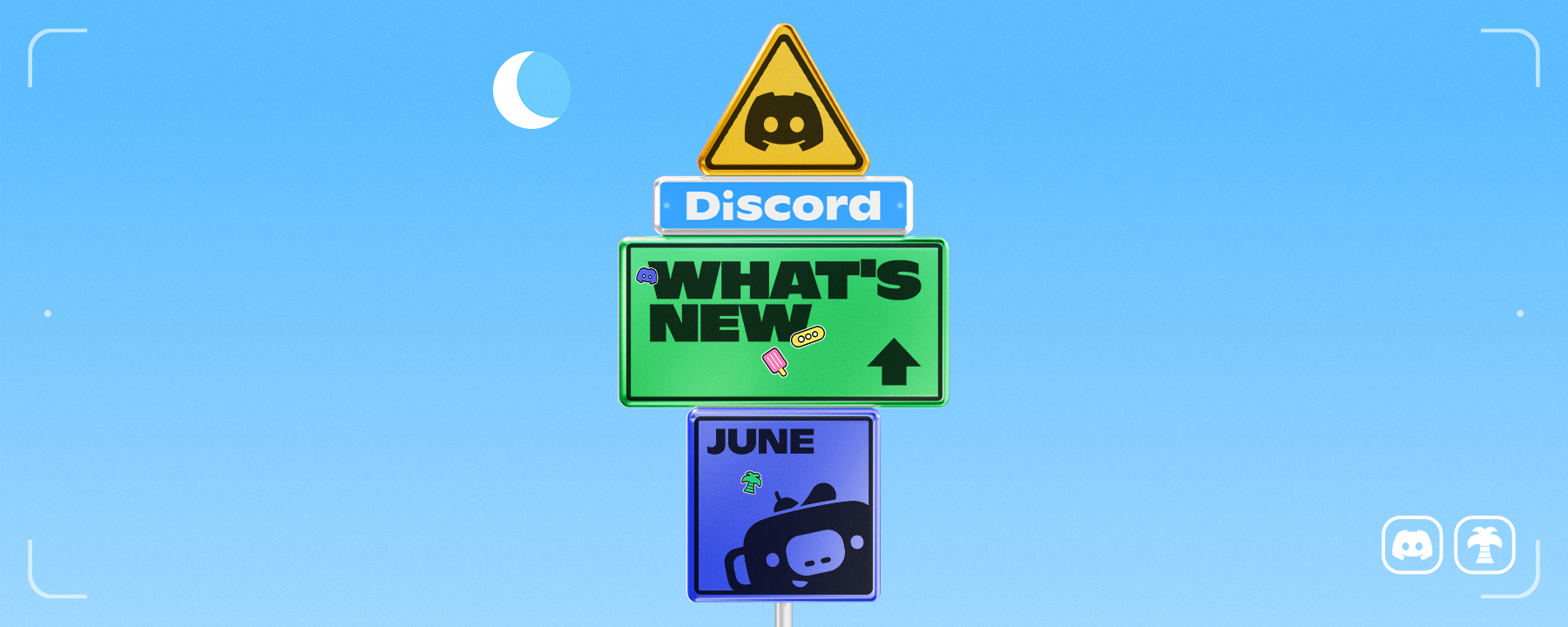 A signpost that reads "Discord," "What's New," and "June." 