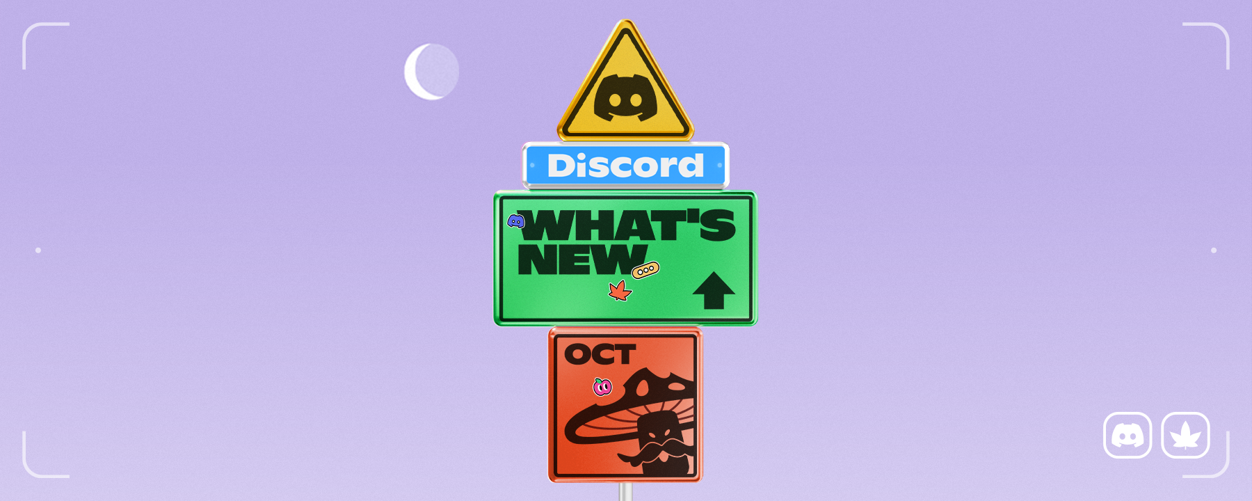 A signpost that says "What's New," "October," and "Discord."