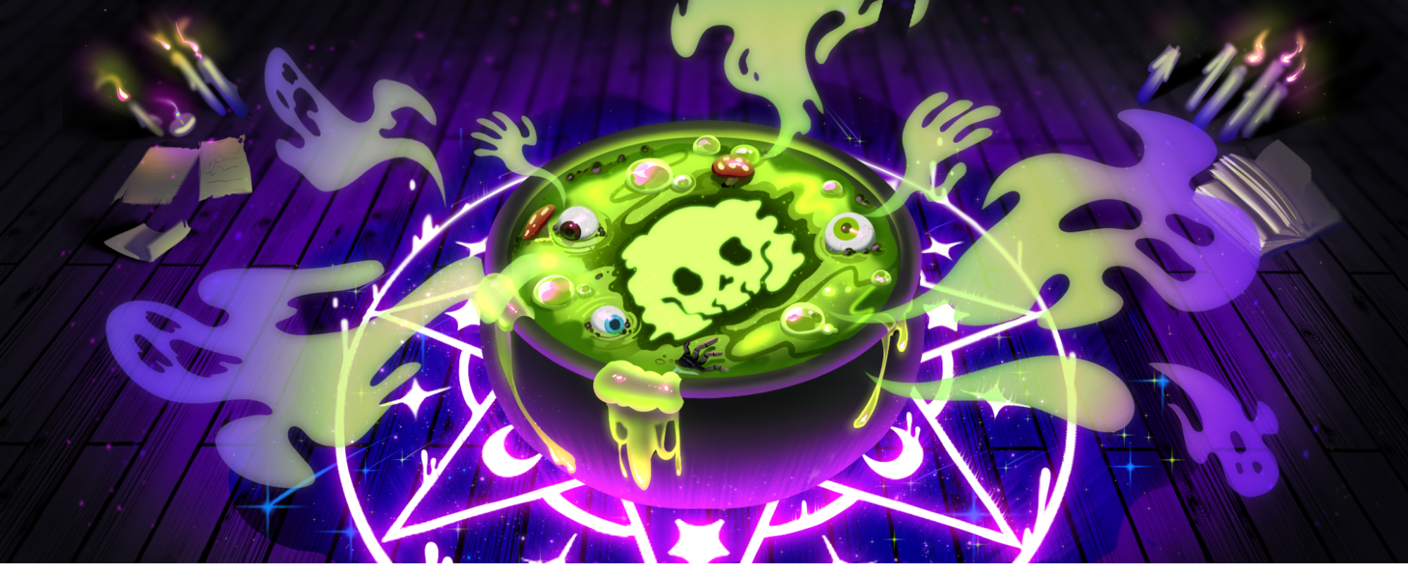 Illustration of a bubbling green cauldron with the Discord logo as a skull in the center. Ghosts fly out from the cauldron.