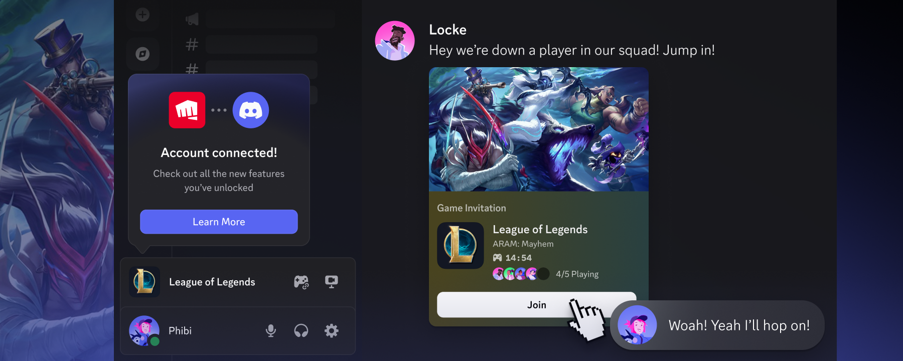 Demonstration of inviting a League of Legends-playing friend to a game lobby directly through Discord.