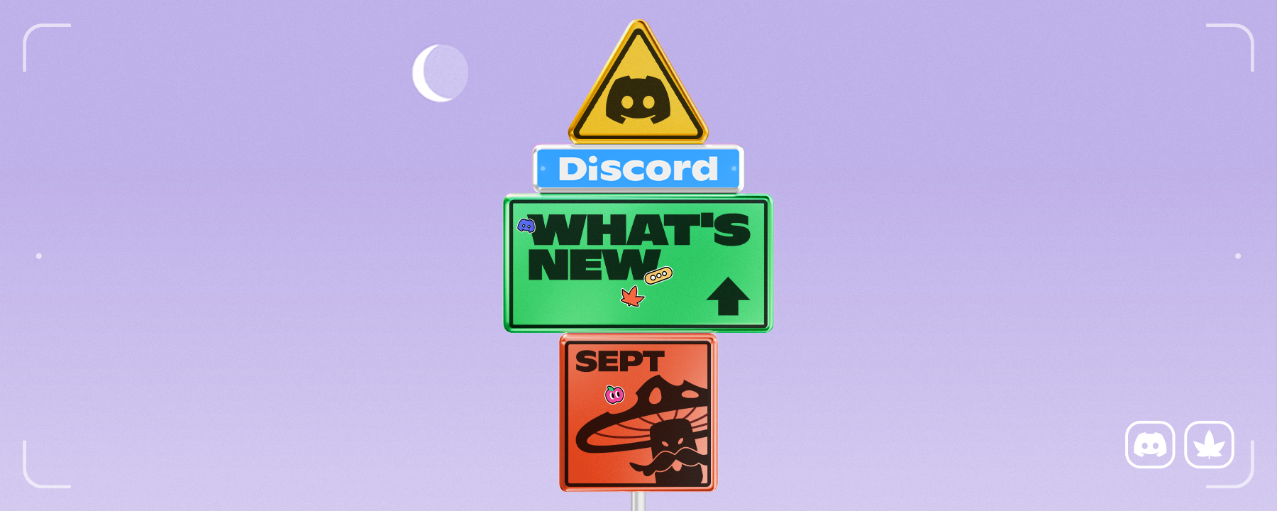 A signpost reading "Discord," "What's New," and "Sept." 