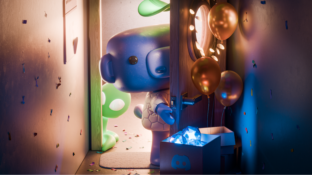 3D Wumpus opening a door to a hallway with a box of balloons and a box of Discord orbs.
