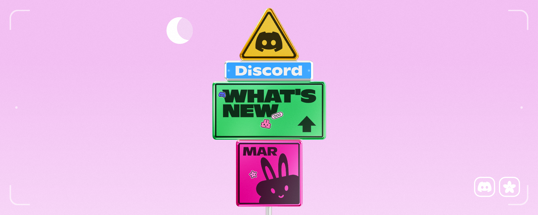 A signpost that reads "Discord," "What's New," and "March." 