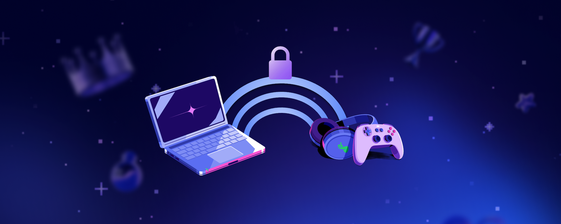 Illustration showing a laptop, gaming controller, and headset connected by wireless signals, with a security lock icon above, representing DAVE end-to-end encryption across Discord.