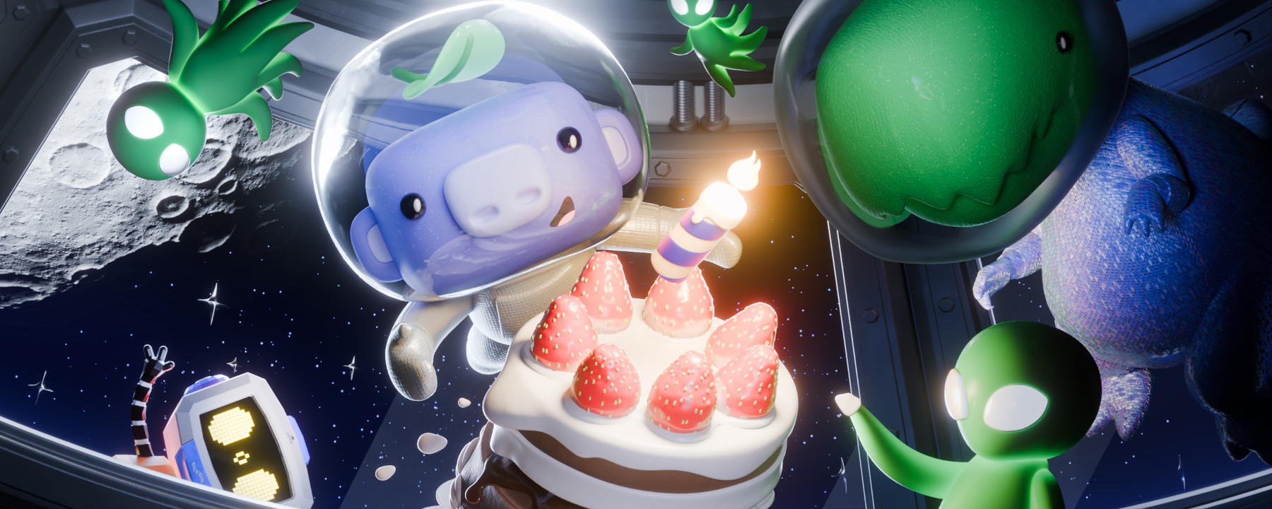 Wumpus in space surrounded by friends, celebrating Discord’s birthday. 