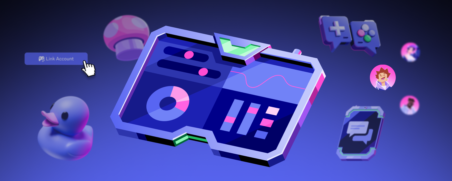 A floating blurple tablet with many knobs and bars charts.